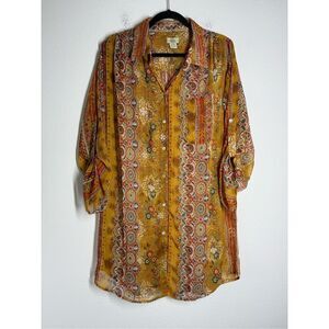 Turquoise Haven Orange Floral Long Sleeve Shirt Dress Duster Sheer Tunic Sz L/XL